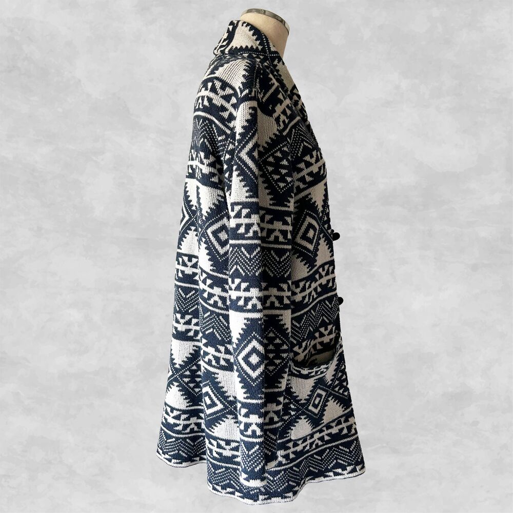 Chaps Cardigan Sweater Women's L Navy Blue Ivory Shawl Collar Toggle Southwest - Picture 4 of 8